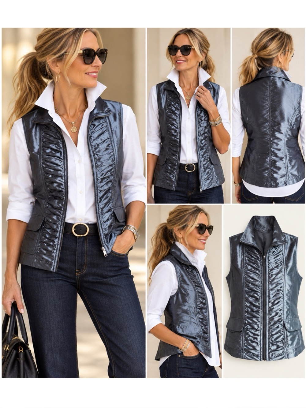 CHICO’S 0 Womens Vest Size US Sz Small 4/6 Silver Full Zip Ruching w/Pockets